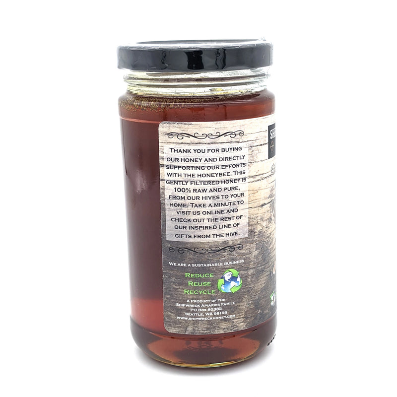 Shipwreck Honey Raw Honey 1lb Jar side label. Thank you for buying our honey and directly supporting our efforts with the honeybee. This gently filtered honey is 100% raw and pure, from our hives to your home.