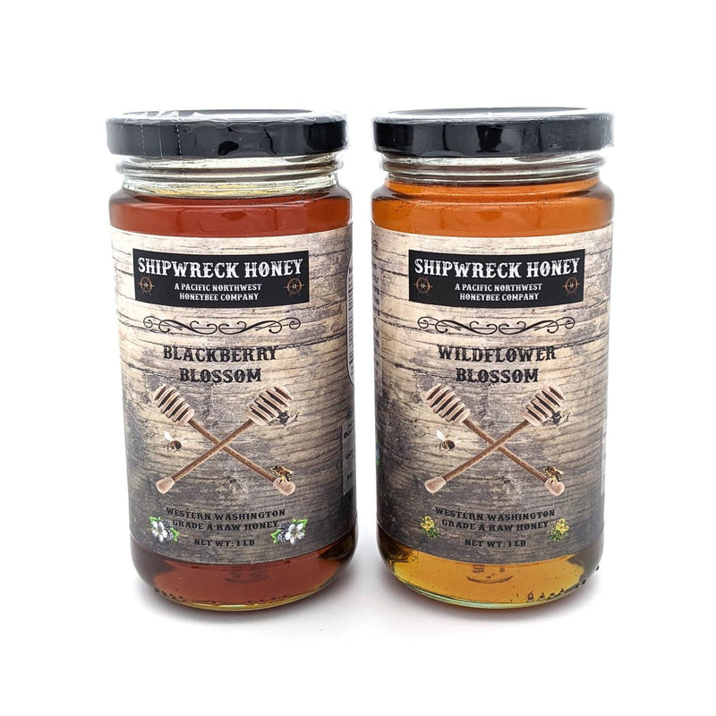 Shipwreck Honey Raw Honey 1lb Jars in both Blackberry Blossom Honey or Wildflower Blossom Honey Front Label