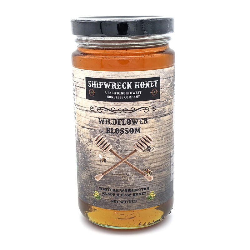Shipwreck Honey Raw Honey 1lb Jar in Wildflower Blossom Honey Front Jar Label