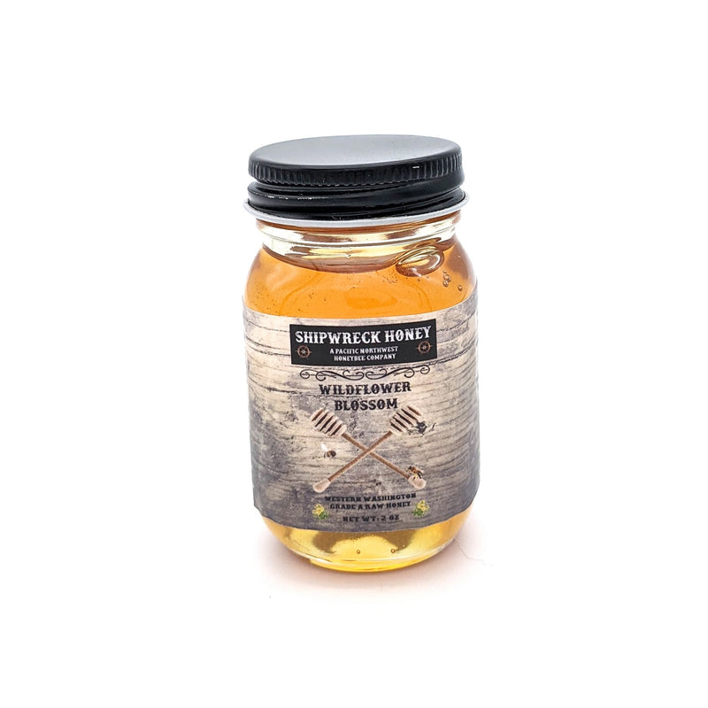 Shipwreck Honey Raw Honey 2oz Jar in Wildflower Blossom Honey Front Jar Label