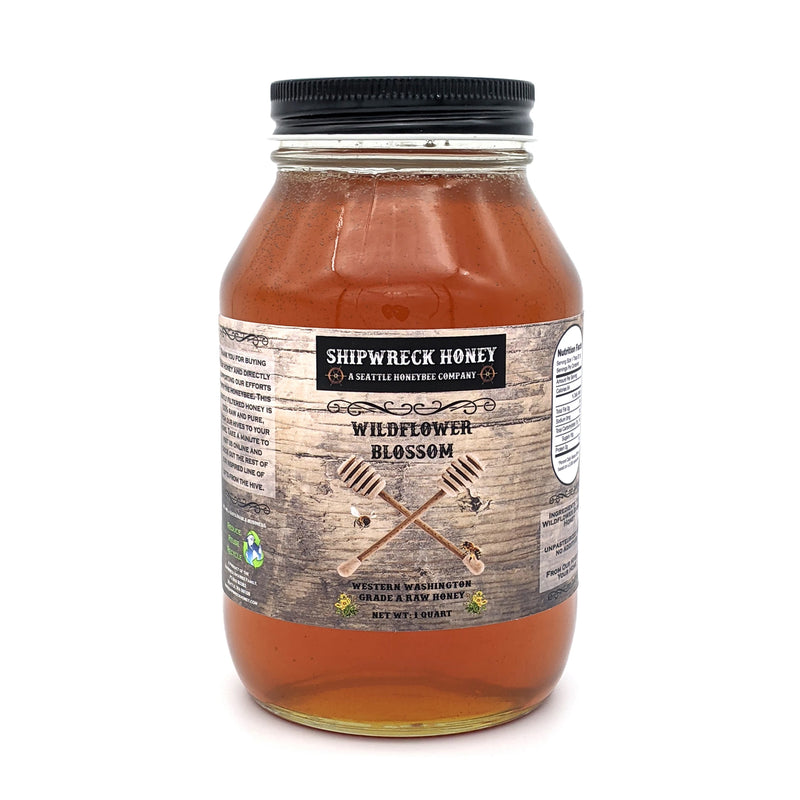 Shipwreck Honey Raw Honey 1 Quart Jars in Wildflower Blossom Honey Front Label